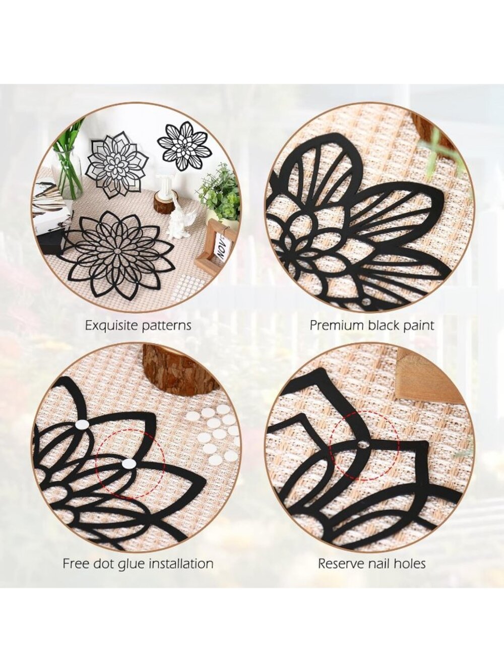 New Set of 3 Black Metal Flower Wall Decor Farmhouse Hanging Art 6 8.2 11.8 Inch - Picture 4 of 6